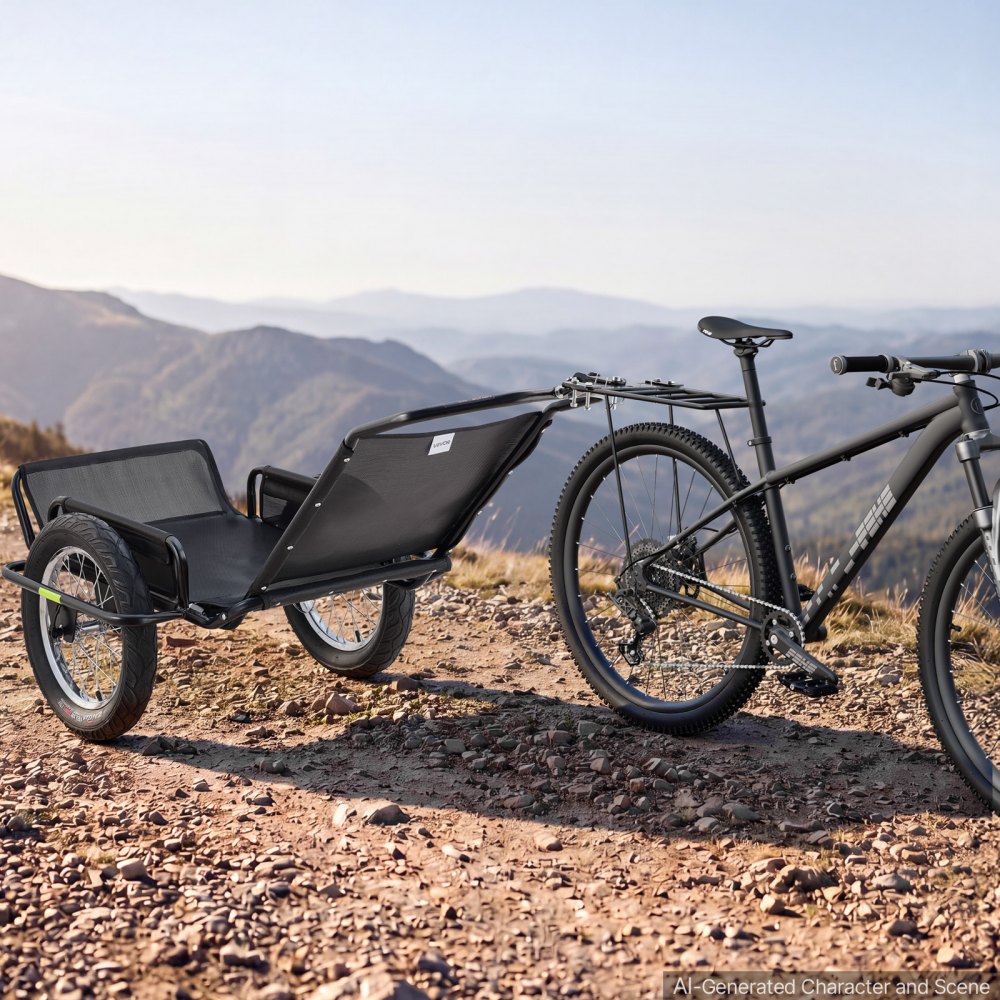 Przyczepa rowerowa VEVOR, przyczepa towarowa, transportowa do użytku w terenie, 145 kg, stal węglowa i siatka PVC, z 8 odblaskami, składana konstrukcja, do kół o średnicy 22-28 cali, wózek rowerowy do każdego terenu