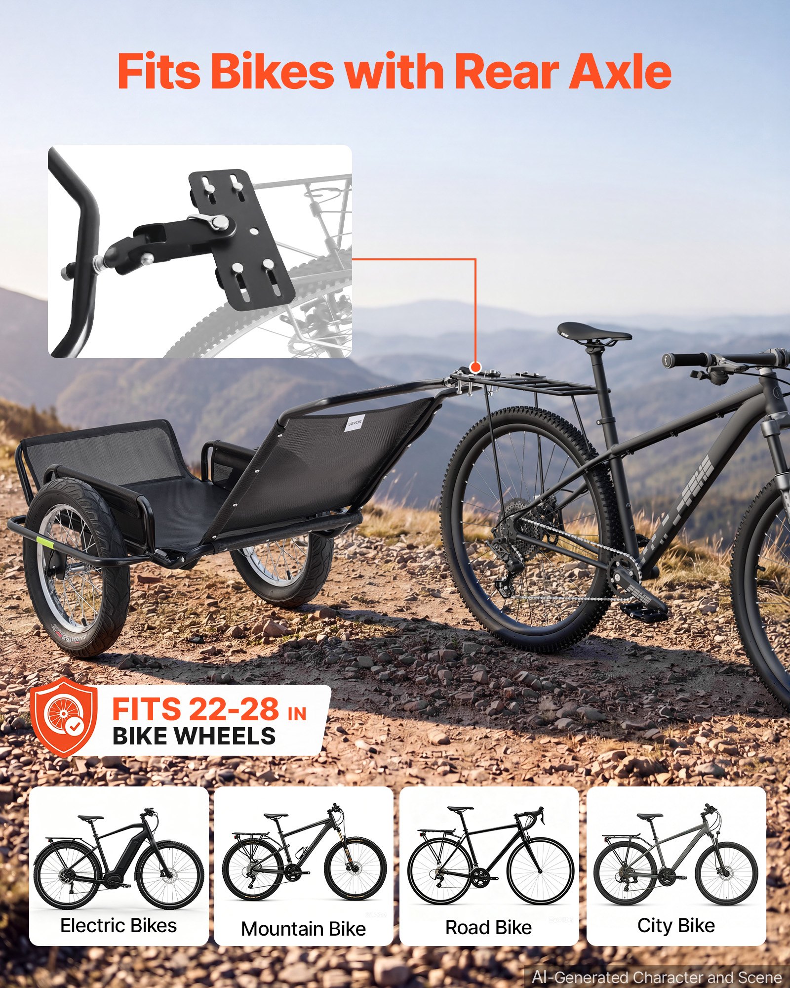 Przyczepa rowerowa VEVOR, przyczepa towarowa, transportowa do użytku w terenie, 145 kg, stal węglowa i siatka PVC, z 8 odblaskami, składana konstrukcja, do kół o średnicy 22-28 cali, wózek rowerowy do każdego terenu