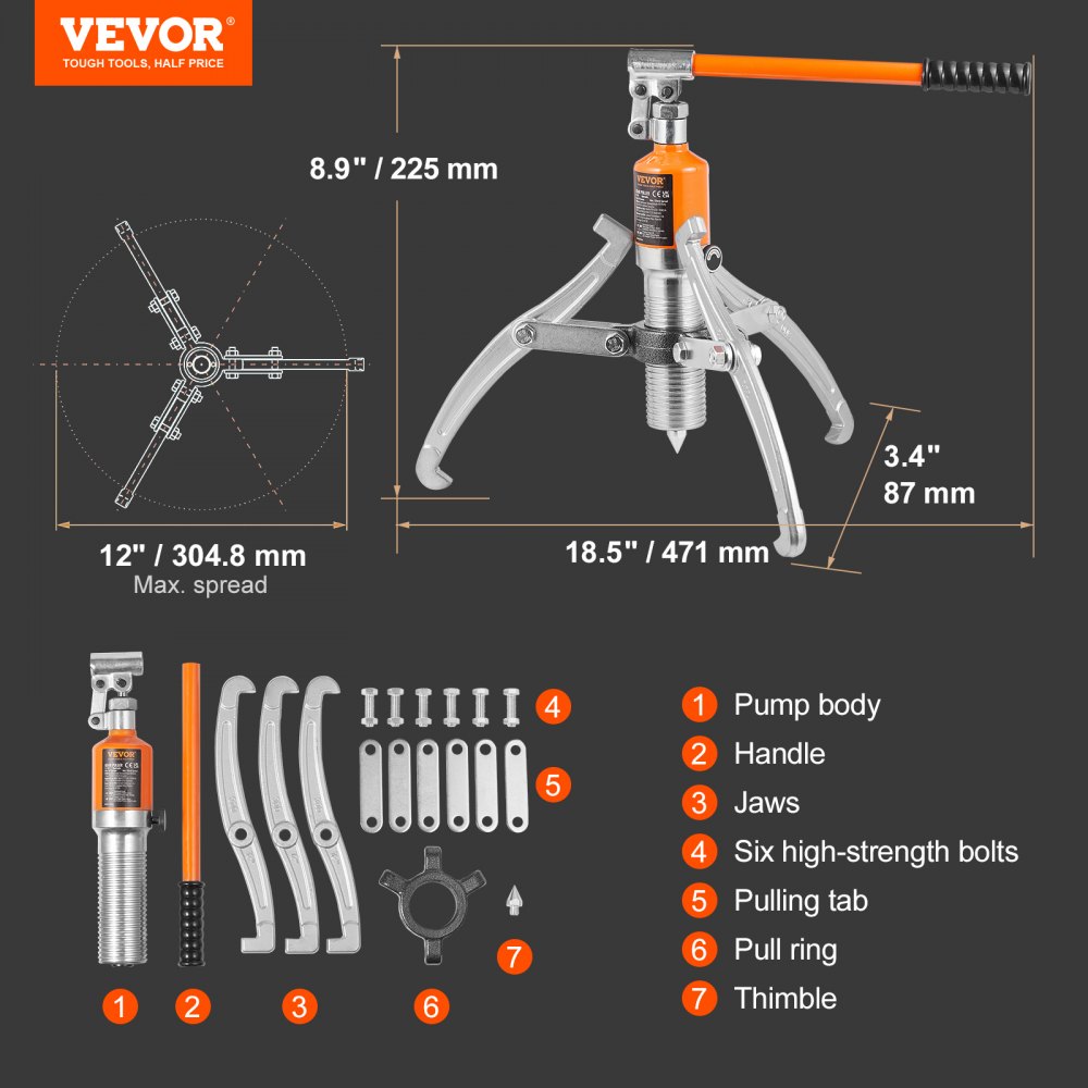 VEVOR Hydraulic Gear Puller, 15 Ton Max Capacity Wheel Bearing Pulling Separator, 2 or 3 Jaws Puller, Vertically and Horizontally, 30.5cm Jaw Hydraulic Puller with Case for Pulling Hubs