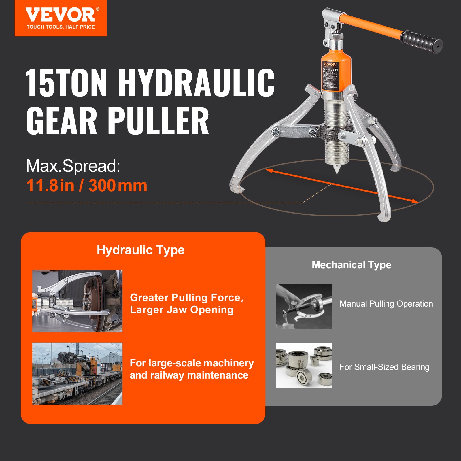 VEVOR Hydraulic Gear Puller, 15 Ton Max Capacity Wheel Bearing Pulling Separator, 2 or 3 Jaws Puller, Vertically and Horizontally, 30.5cm Jaw Hydraulic Puller with Case for Pulling Hubs