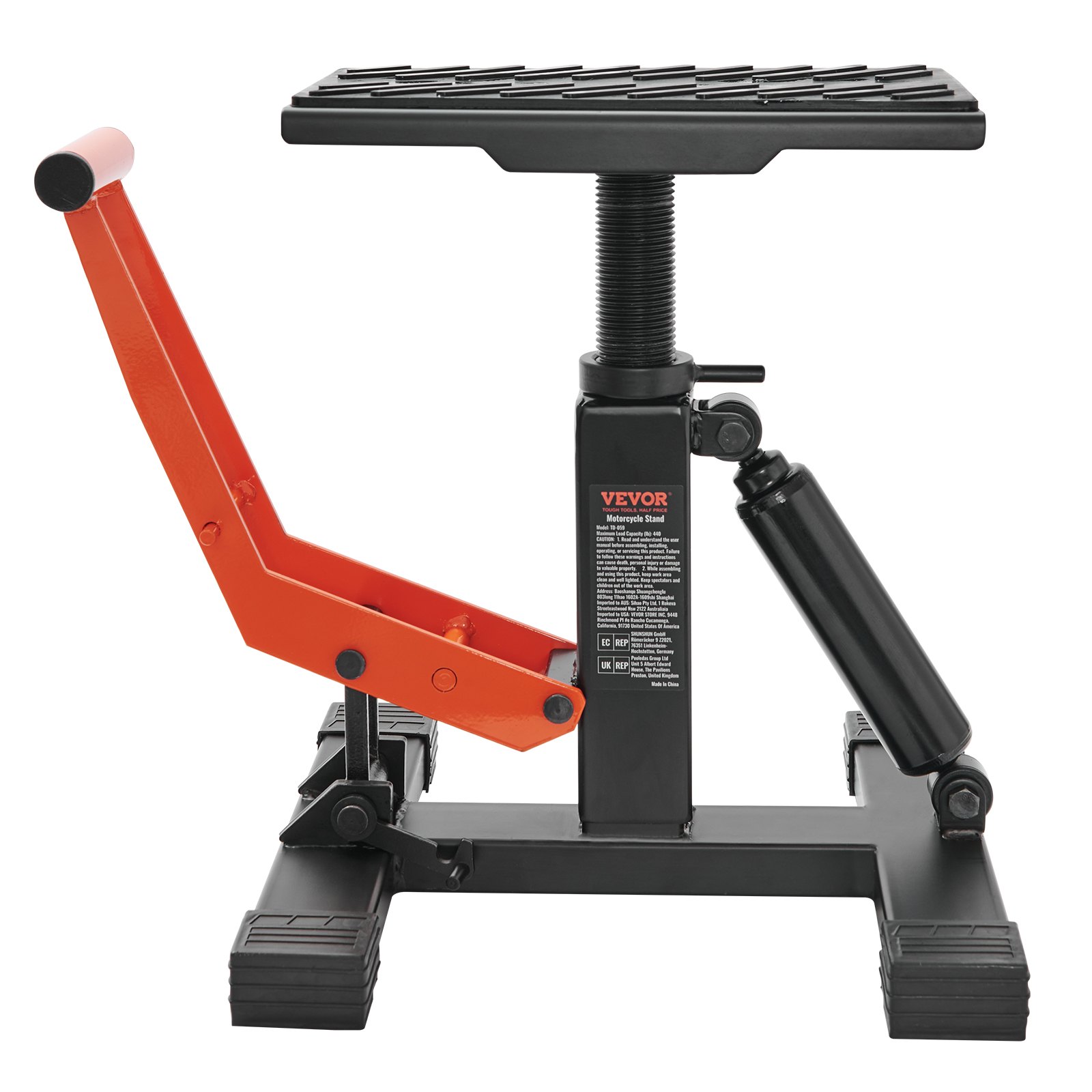 Podnośnik motocyklowy VEVOR 200 kg, montażowy, podnośnik montażowy, wysokość regulowana 255-460 mm, 0-120 mm, stalowy, naprawa i konserwacja motocykli, pomarańczowy + czarny