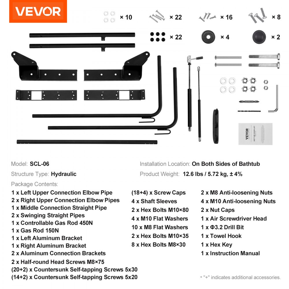 Podnośnik hydrauliczny do pokrywy wanny z hydromasażem VEVOR, rury aluminiowe 190-250 cm, do modeli prostokątnych, szerokość 175-245 cm, promień narożnika 150-300 mm, samoblokujący, 3 haki boczne, zaokrąglone krawędzie