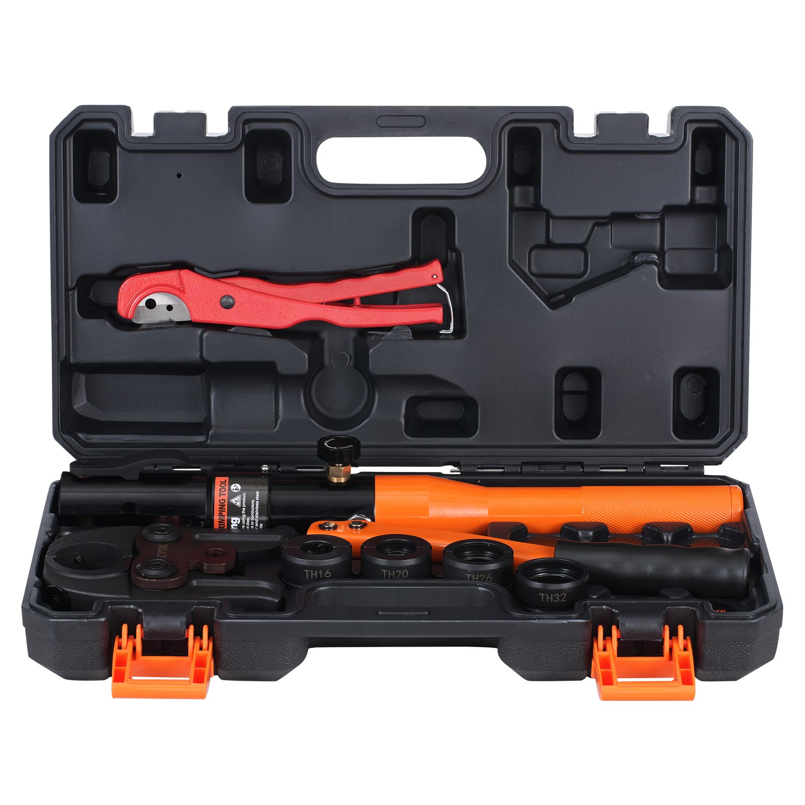 VEVOR Hydraulic Pipe Crimping Tool for Copper Pipe Connections, Pressing Pliers with TH16, TH20, TH26, TH32 Quick-Change Jaws, 360° Rotating Press Set for T-Connections in Tight Spaces, Hydraulically Driven