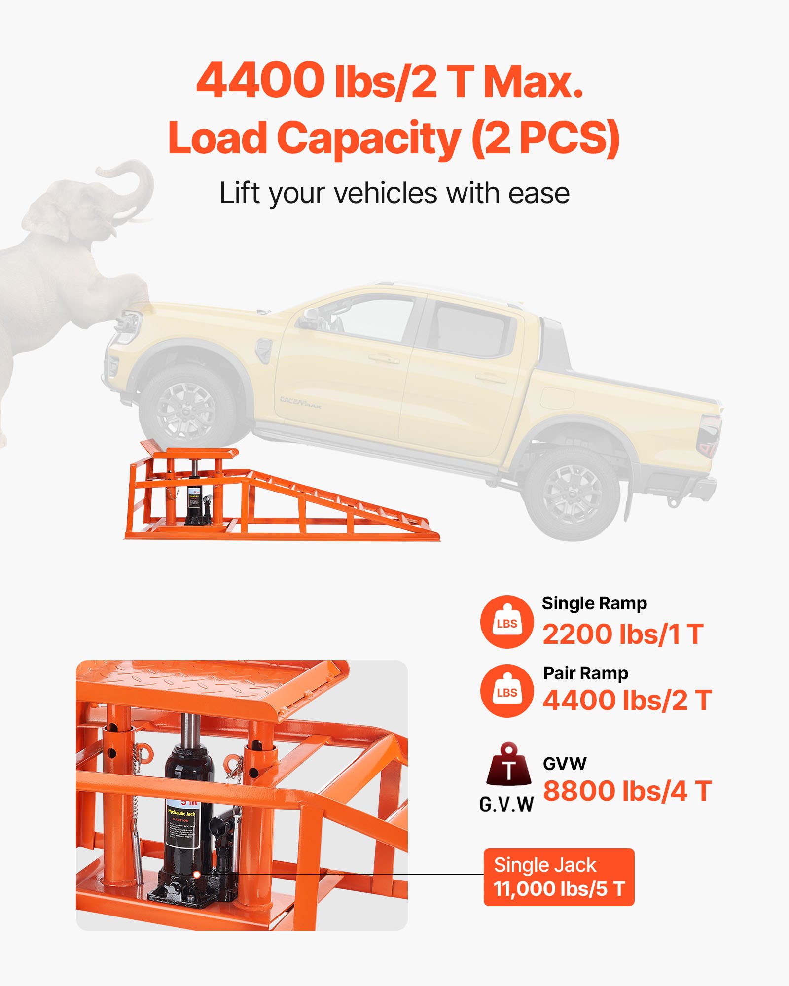 VEVOR Hydraulic Car Ramps, 2 PCS 5T 11000 lbs, 270-360 mm Lift Height, Heavy Duty Hydraulic Vehicle Ramps, Portable Car Lifts for Home Garage Maintenance and Oil Changes, Truck Vehicle Auto Repair