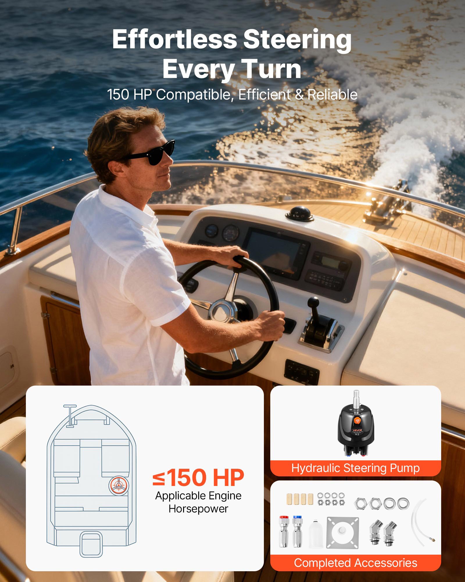 VEVOR Hydraulic Steering Helm Pump, 150 HP, Helm Pump for Boat, with 6.9 MPa/1000 psi Max Working Pressure, Aluminum Alloy Housing, Check Valve, Replaceable Shaft Seal, for Outboards Fishing Boats