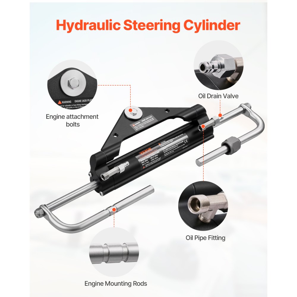 Zestaw do hydraulicznego sterowania łodzią zaburtową VEVOR o mocy 150 KM, hydrauliczny układ sterowania łodzią z kołem sterowym o średnicy 342,9 mm, pompą sterową, siłownikiem hydraulicznym i dwoma wężami o długości 7924,8 mm do łodzi z jednym silnikiem jednostanowiskowym