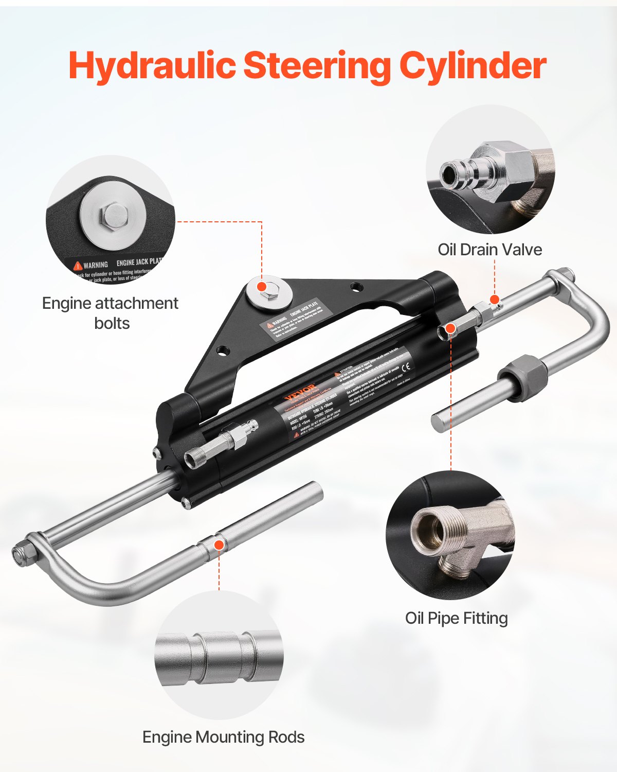Zestaw do hydraulicznego sterowania łodzią zaburtową VEVOR o mocy 150 KM, hydrauliczny układ sterowania łodzią z kołem sterowym o średnicy 342,9 mm, pompą sterową, siłownikiem hydraulicznym i dwoma wężami o długości 7924,8 mm do łodzi z jednym silnikiem jednostanowiskowym
