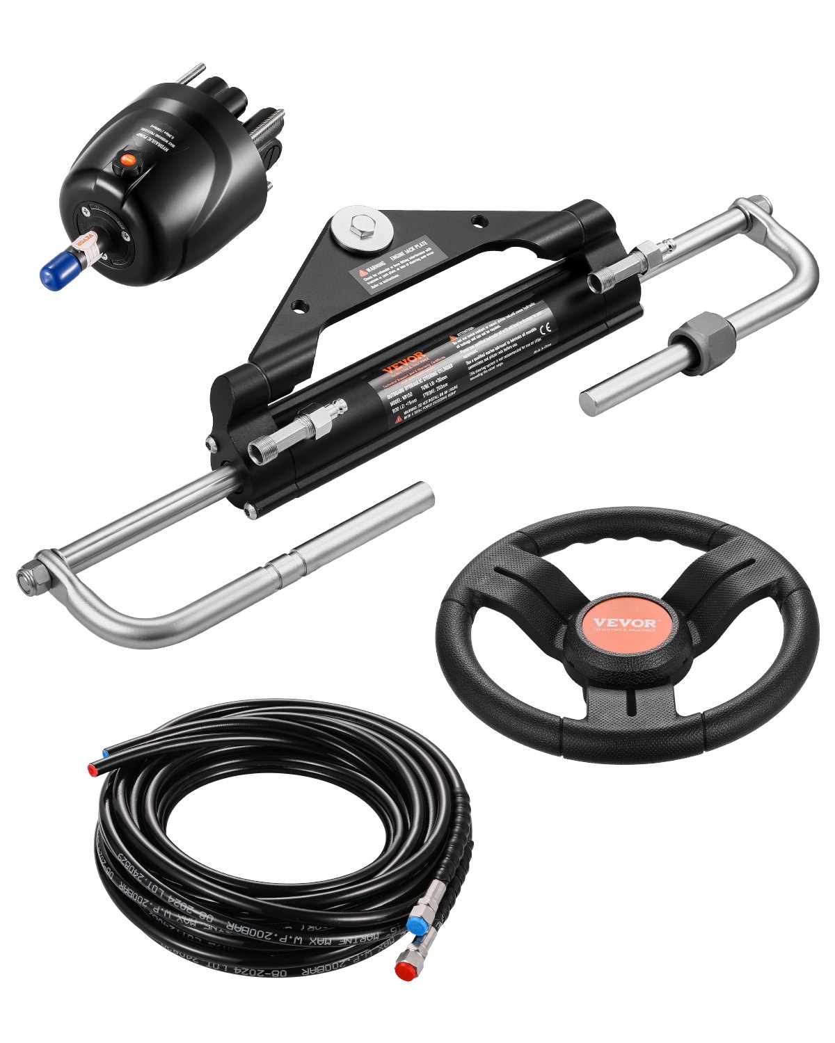 Zestaw do hydraulicznego sterowania łodzią zaburtową VEVOR o mocy 150 KM, hydrauliczny układ sterowania łodzią z kołem sterowym o średnicy 342,9 mm, pompą sterową, siłownikiem hydraulicznym i dwoma wężami o długości 7924,8 mm do łodzi z jednym silnikiem jednostanowiskowym