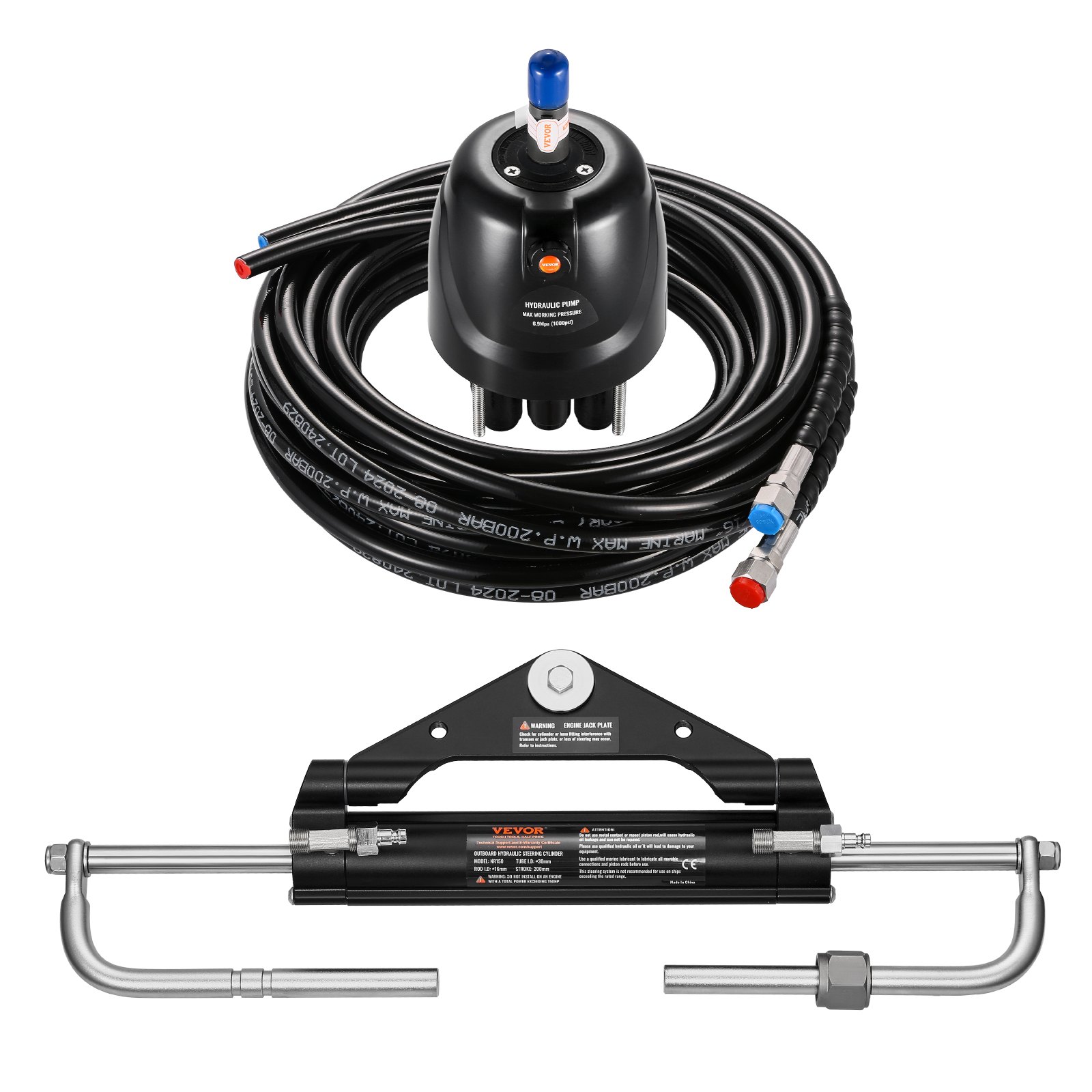 Zestaw do hydraulicznego sterowania łodzią zaburtową VEVOR o mocy 150 KM, hydrauliczny układ sterowania łodzią z kołem sterowym o średnicy 342,9 mm, pompą sterową, siłownikiem hydraulicznym i dwoma wężami o długości 7924,8 mm do łodzi z jednym silnikiem jednostanowiskowym