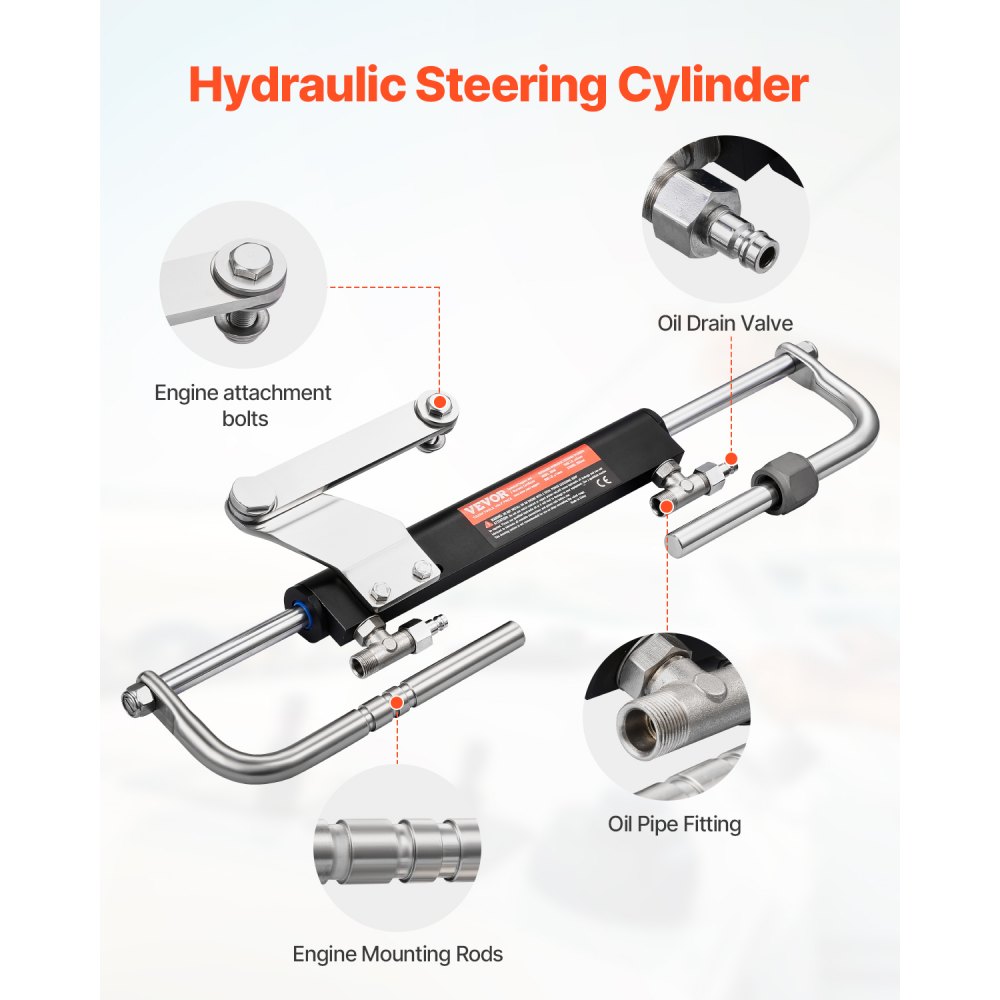 Zestaw do hydraulicznego sterowania łodzią zaburtową VEVOR o mocy 90 KM, hydrauliczny układ sterowania łodzią z kołem sterowym o długości 342,9 mm, pompą sterową, siłownikiem hydraulicznym i dwoma wężami o długości 7924,8 mm do łodzi z jednym silnikiem jednostanowiskowym