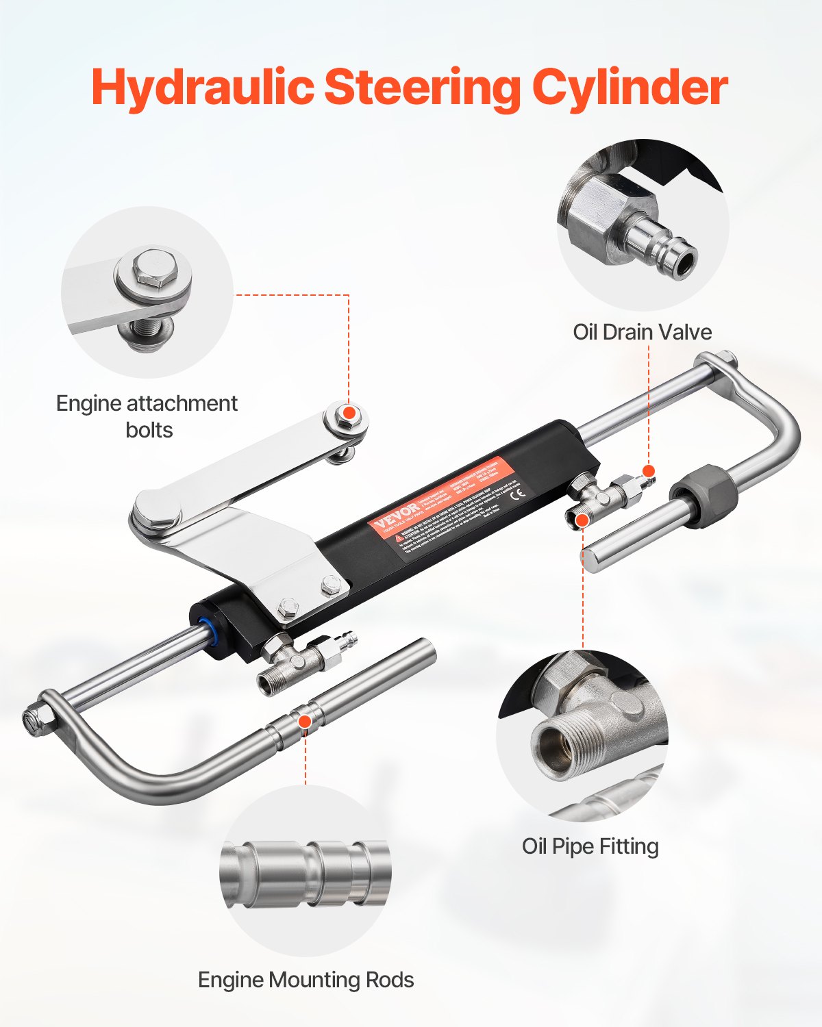 Zestaw do hydraulicznego sterowania łodzią zaburtową VEVOR o mocy 90 KM, hydrauliczny układ sterowania łodzią z kołem sterowym o długości 342,9 mm, pompą sterową, siłownikiem hydraulicznym i dwoma wężami o długości 7924,8 mm do łodzi z jednym silnikiem jednostanowiskowym