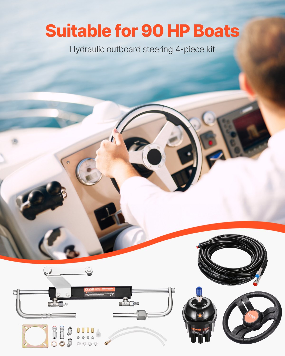 Zestaw do hydraulicznego sterowania łodzią zaburtową VEVOR o mocy 90 KM, hydrauliczny układ sterowania łodzią z kołem sterowym o długości 342,9 mm, pompą sterową, siłownikiem hydraulicznym i dwoma wężami o długości 7924,8 mm do łodzi z jednym silnikiem jednostanowiskowym
