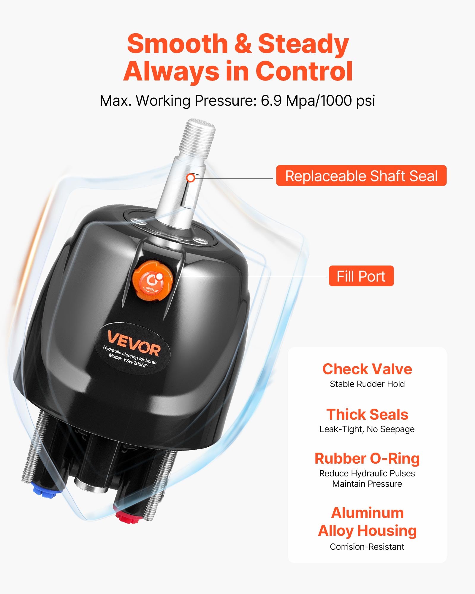 VEVOR Hydraulic Steering Kit, 200 HP, Marine Boat Hydraulic Steering System, with 6.9 MPa/1000 psi Helm Pump, Two-Way Lock Cylinder, and 7.92m High-Strength Hoses, for Single Station Single-Engine Use