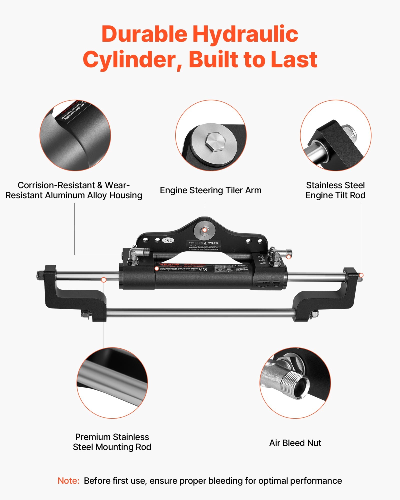 VEVOR Hydraulic Steering Kit, 200 HP, Marine Boat Hydraulic Steering System, with 6.9 MPa/1000 psi Helm Pump, Two-Way Lock Cylinder, and 7.92m High-Strength Hoses, for Single Station Single-Engine Use