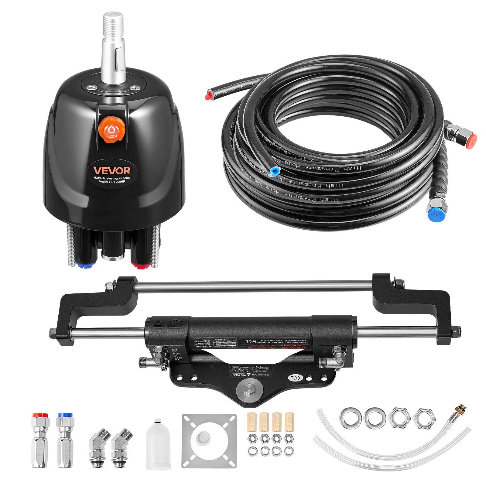 VEVOR Hydraulic Steering Kit, 200 HP, Marine Boat Hydraulic Steering System, with 6.9 MPa/1000 psi Helm Pump, Two-Way Lock Cylinder, and 7.92m High-Strength Hoses, for Single Station Single-Engine Use