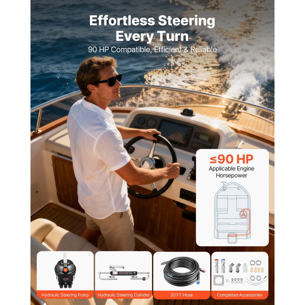 VEVOR Hydraulic Steering Kit, 90 HP, Marine Boat Hydraulic Steering System, with 6.9 MPa/1000 psi Helm Pump, Two-Way Lock Cylinder, and 6 m High-Strength Hoses, for Single Station, Single-Engine Use