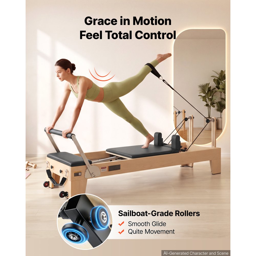 Reformer VEVOR Pilates 214 cm wykonany z drewna klonowego, udźwig 181 kg, przeznaczony do ćwiczeń w domu, cichy, regulowany zagłówek, z pudełkiem do ćwiczeń Pilates, trampoliną, platformą na stopy i paskami na stopy