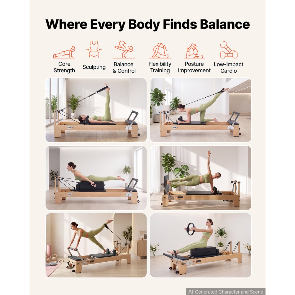 Reformer VEVOR Pilates 214 cm wykonany z drewna klonowego, udźwig 181 kg, przeznaczony do ćwiczeń w domu, cichy, regulowany zagłówek, z pudełkiem do ćwiczeń Pilates, trampoliną, platformą na stopy i paskami na stopy