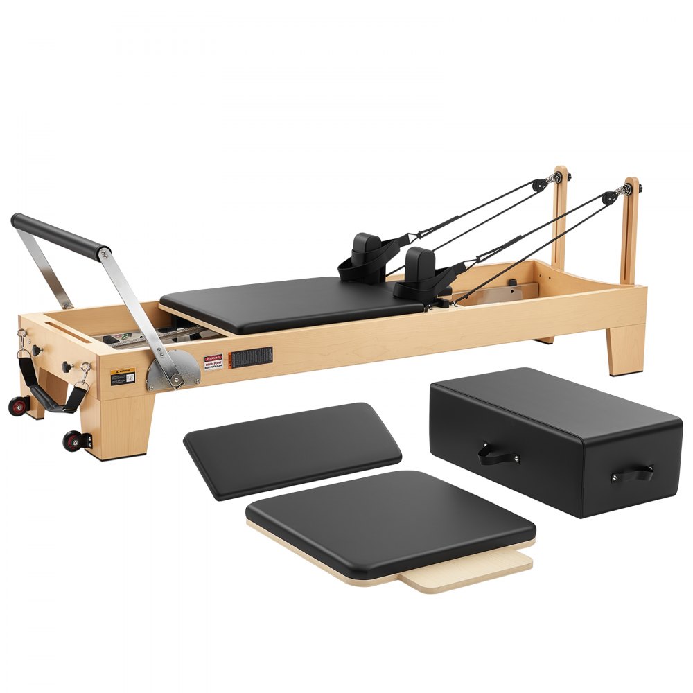 Reformer VEVOR Pilates 214 cm wykonany z drewna klonowego, udźwig 181 kg, przeznaczony do ćwiczeń w domu, cichy, regulowany zagłówek, z pudełkiem do ćwiczeń Pilates, trampoliną, platformą na stopy i paskami na stopy