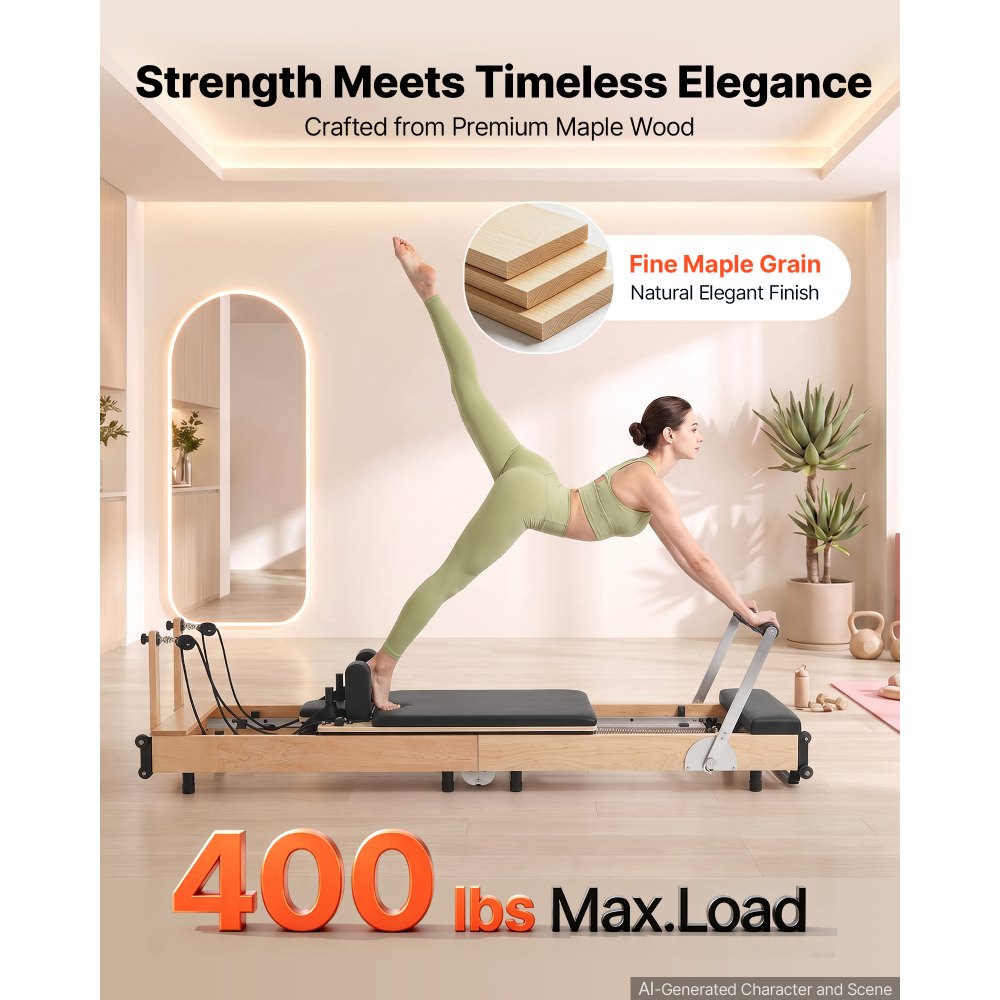Reformer VEVOR Pilates, składany, 2400 x 693 x 680 mm, drewno klonowe, do użytku w domu i na siłowni, z trampoliną, siedziskiem, regulowanym zagłówkiem i cichym mechanizmem przesuwnym, udźwig 181 kg