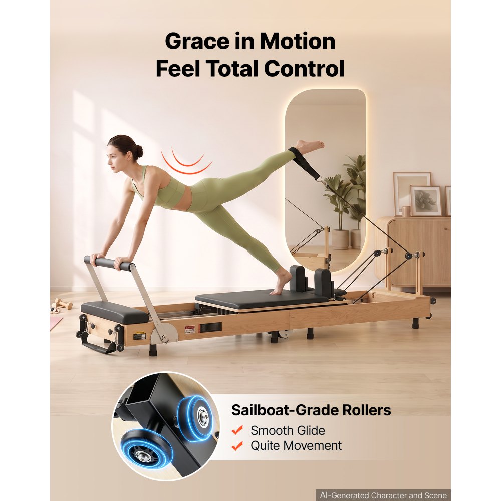 Reformer VEVOR Pilates, składany, 2400 x 693 x 680 mm, drewno klonowe, do użytku w domu i na siłowni, z trampoliną, siedziskiem, regulowanym zagłówkiem i cichym mechanizmem przesuwnym, udźwig 181 kg