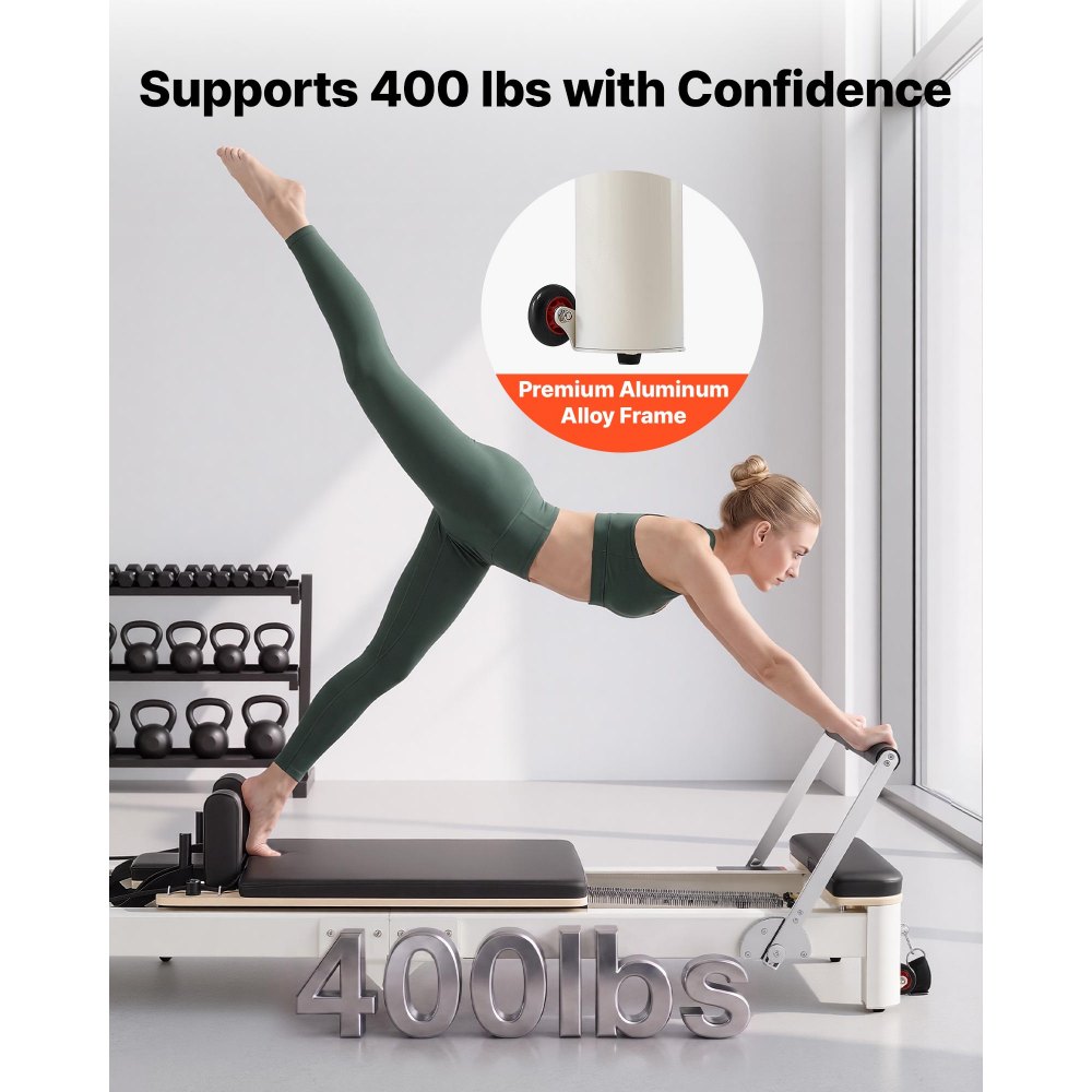 Reformer VEVOR Pilates, składany, 221 x 69 x 83 cm, stop aluminium, do użytku w domu i na siłowni, z trampoliną, siedziskiem, regulowanym zagłówkiem i cichym mechanizmem przesuwnym, udźwig 181 kg