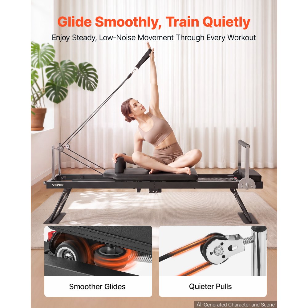 VEVOR Pilates Reformer 1965 mm Składany przyrząd do ćwiczeń z żelazną ramą do treningu w domu i na siłowni, udźwig 181 kg, regulowany drążek podporowy, ciche kółka i antypoślizgowe podkładki podłogowe