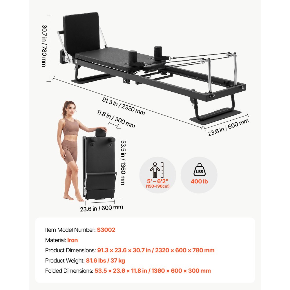 Rower treningowy VEVOR Pilates Reformer składany z 5 sprężynami, obsługuje do 181 kg, do domowej siłowni i studia fitness, z solidną konstrukcją z żelaza, cichymi kołami, podpórkami na ramiona i wyściełanym podwoziem
