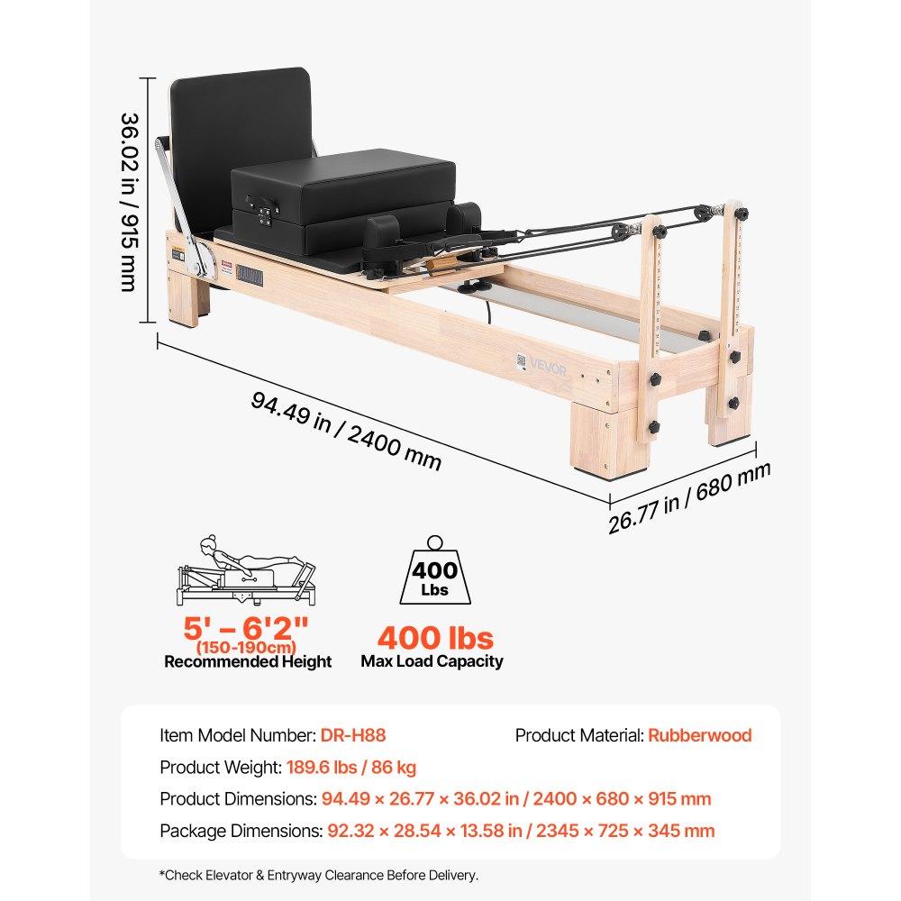 Reformer VEVOR Pilates wykonany z drewna kauczukowego, 181 kg, 2400 x 680 x 915 mm. Idealny do domowych siłowni i studiów, z cichym mechanizmem jezdnym, regulowanym zagłówkiem, skrzynią do pilatesu, trampoliną i paskami na stopy.