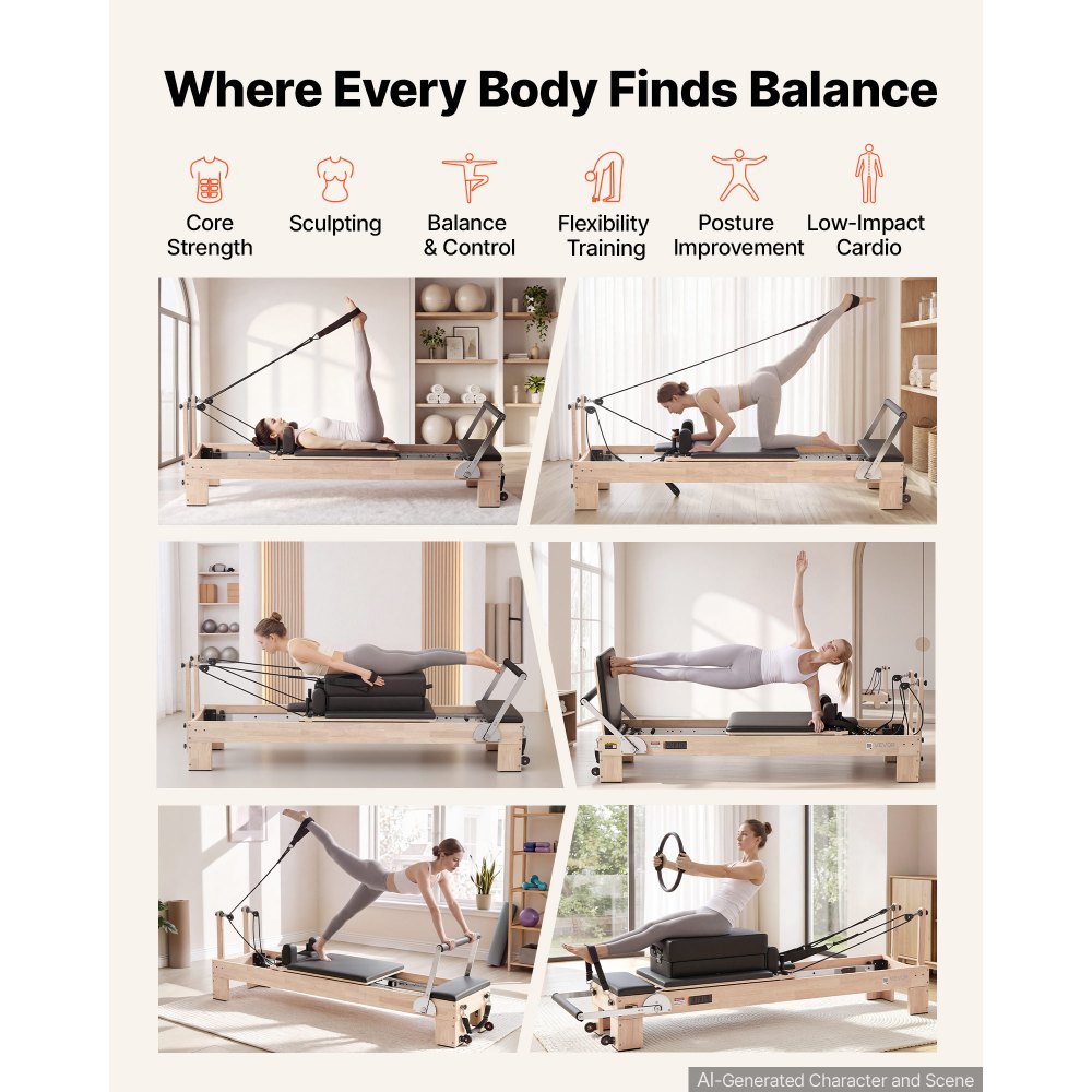 Reformer VEVOR Pilates wykonany z drewna kauczukowego, 181 kg, 2400 x 680 x 915 mm. Idealny do domowych siłowni i studiów, z cichym mechanizmem jezdnym, regulowanym zagłówkiem, skrzynią do pilatesu, trampoliną i paskami na stopy.