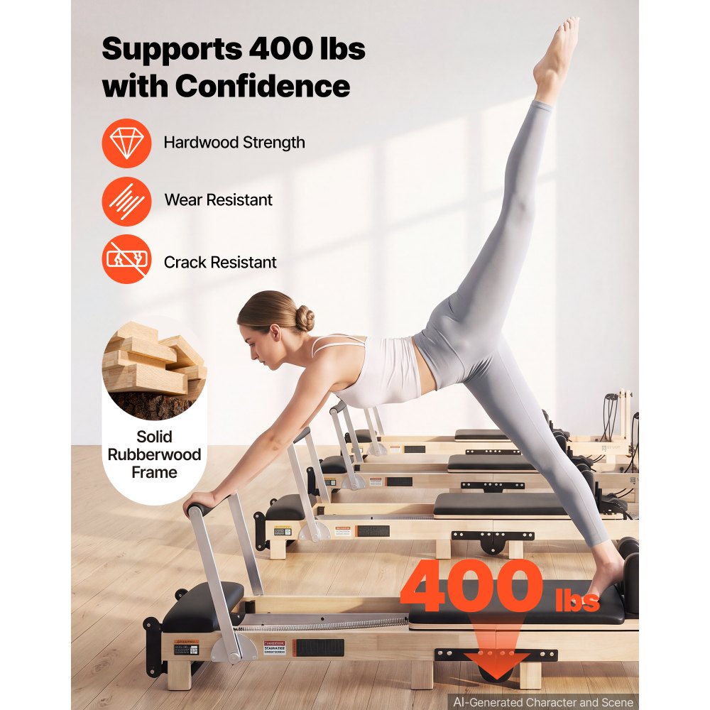 VEVOR Pilates Reformer składany sprzęt 2310 x 680 x 755 mm Drewno kauczukowe do użytku w domu i na siłowni, z trampoliną, siedziskiem, regulowanym zagłówkiem i cichym mechanizmem przesuwnym, udźwig 181 kg