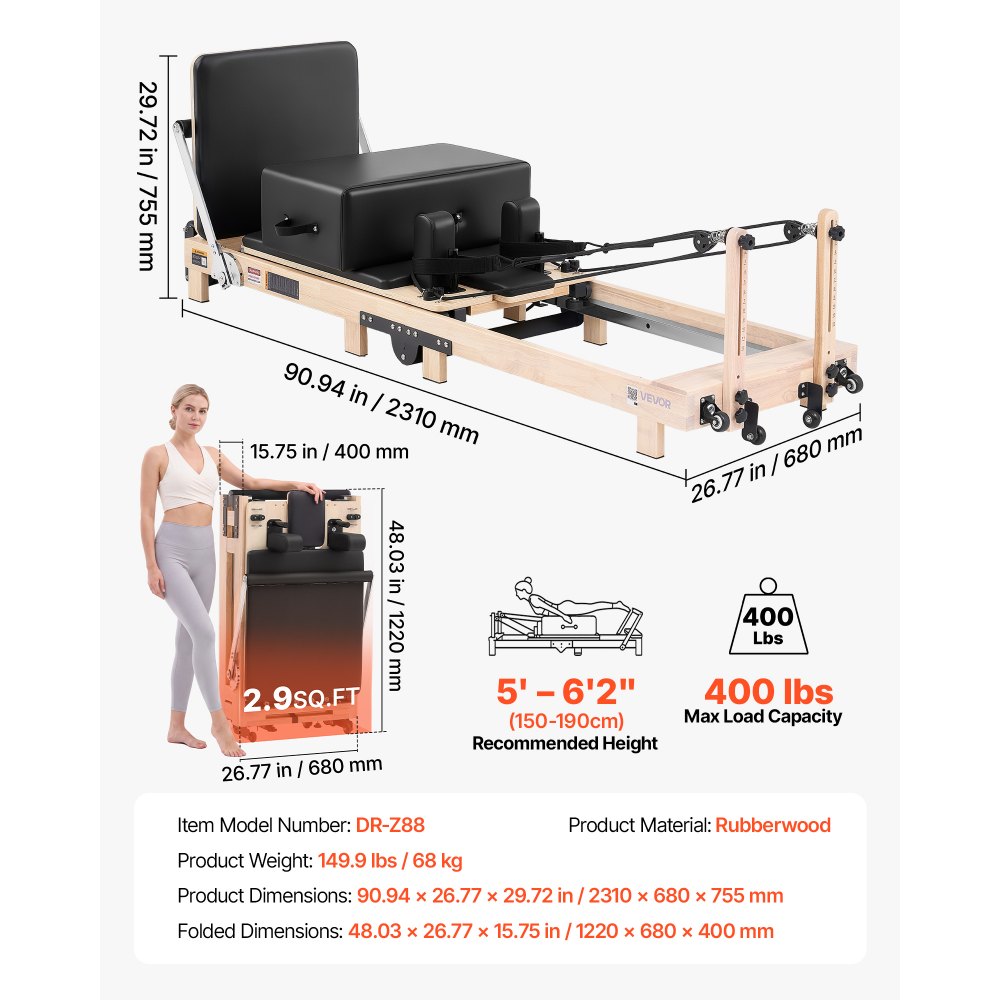 VEVOR Pilates Reformer składany sprzęt 2310 x 680 x 755 mm Drewno kauczukowe do użytku w domu i na siłowni, z trampoliną, siedziskiem, regulowanym zagłówkiem i cichym mechanizmem przesuwnym, udźwig 181 kg