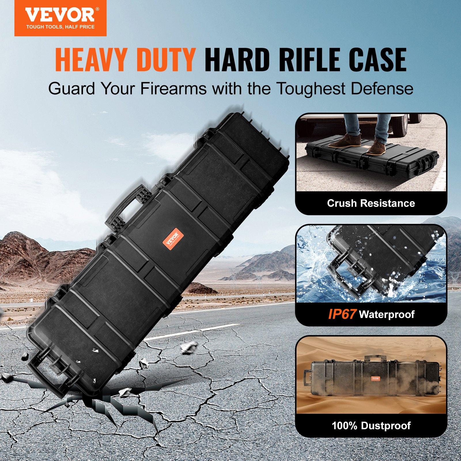 VEVOR Rifle Hard Case with 3 Layers of Fully Protective Foam, Lockable Hard Gun Case, Waterproof & Rolling Long Gun Case, for 127 cm Rifles or Shotguns