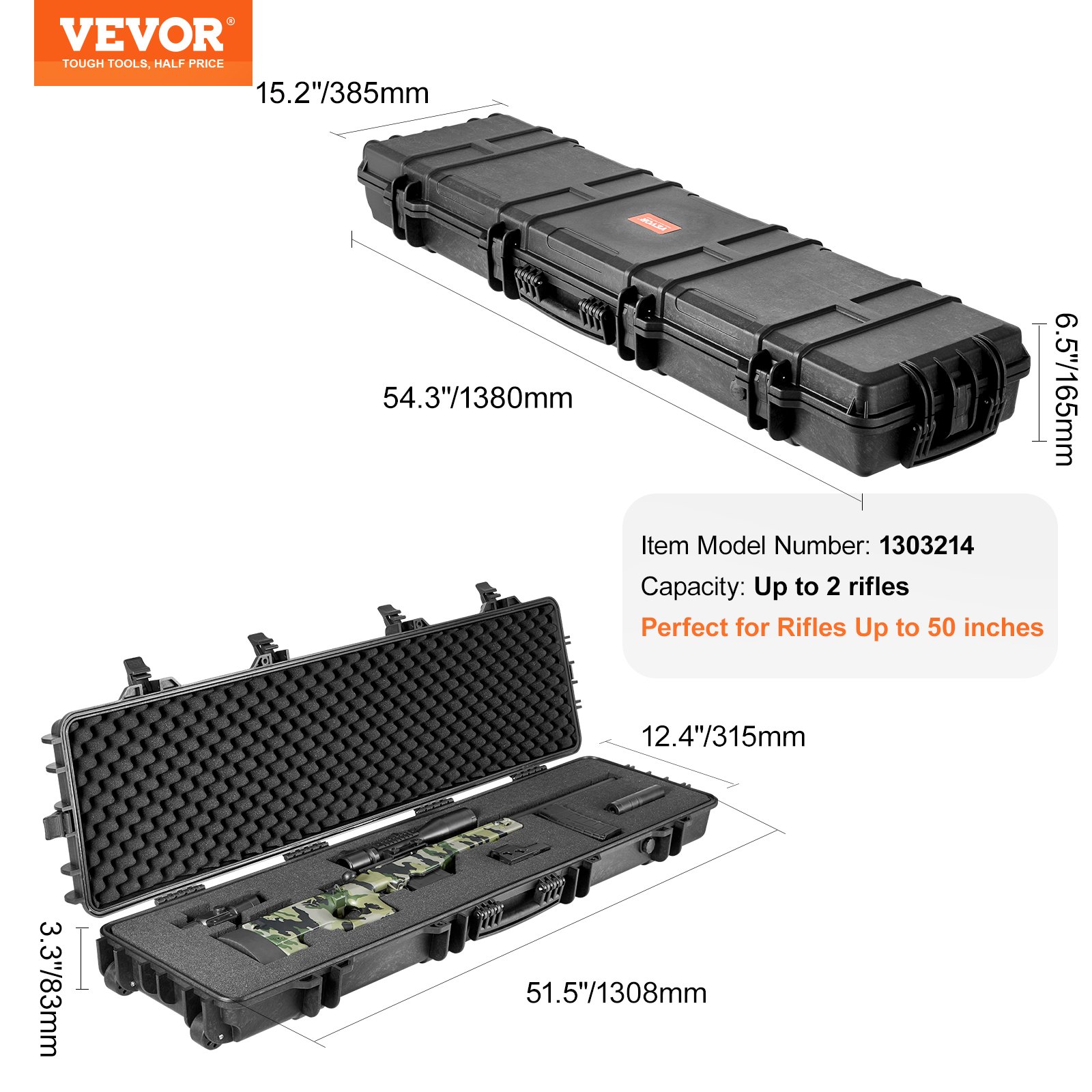 VEVOR Rifle Hard Case with 3 Layers of Fully Protective Foam, Lockable Hard Gun Case, Waterproof & Rolling Long Gun Case, for 127 cm Rifles or Shotguns