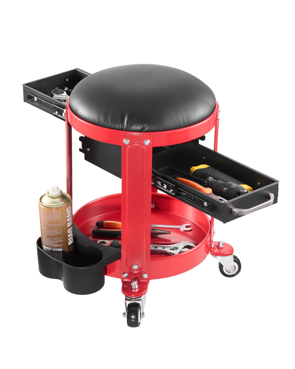 VEVOR rolling workshop stool/seat (136 kg load capacity), garage seat/work stool, padded rolling seat with fixed height, tool tray, and 2 drawers for garage, workshop, and car repair.