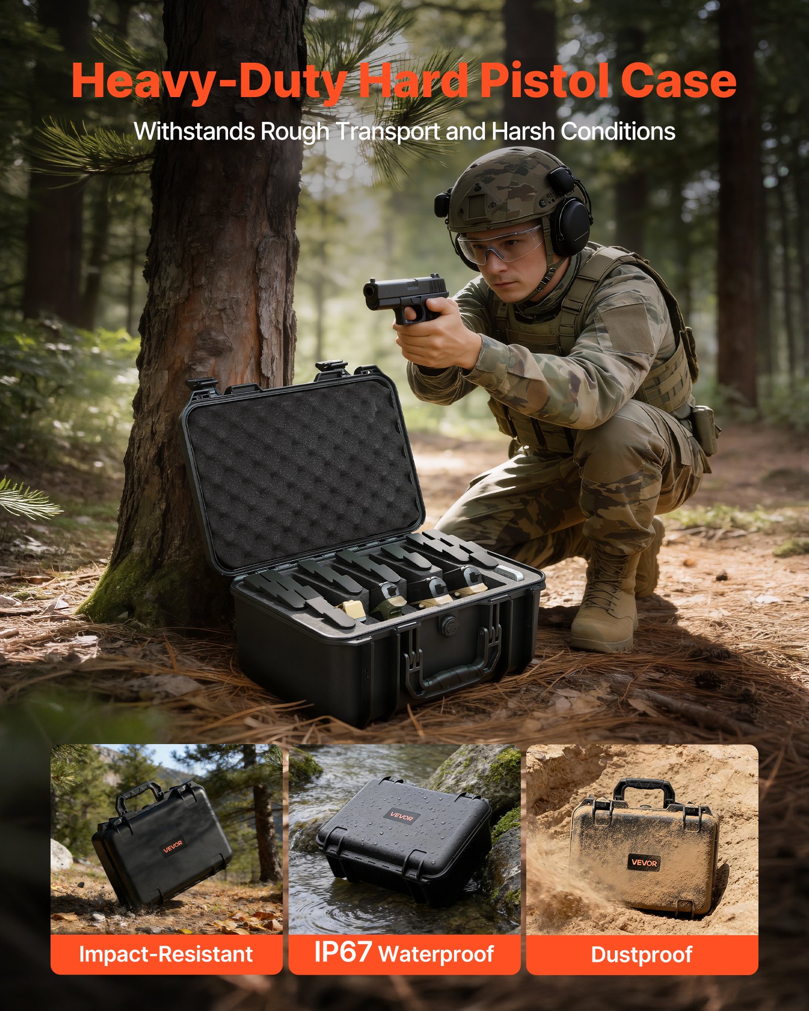 VEVOR Hard Pistol Case, Heavy Duty Hard Gun Case with XPE Foam Lining, Waterproof Pistol Storage Box with Customizable Interior & Handle for Gun, Lenses, Camera, Gear, TSA Compliant, 404x319x192 mm