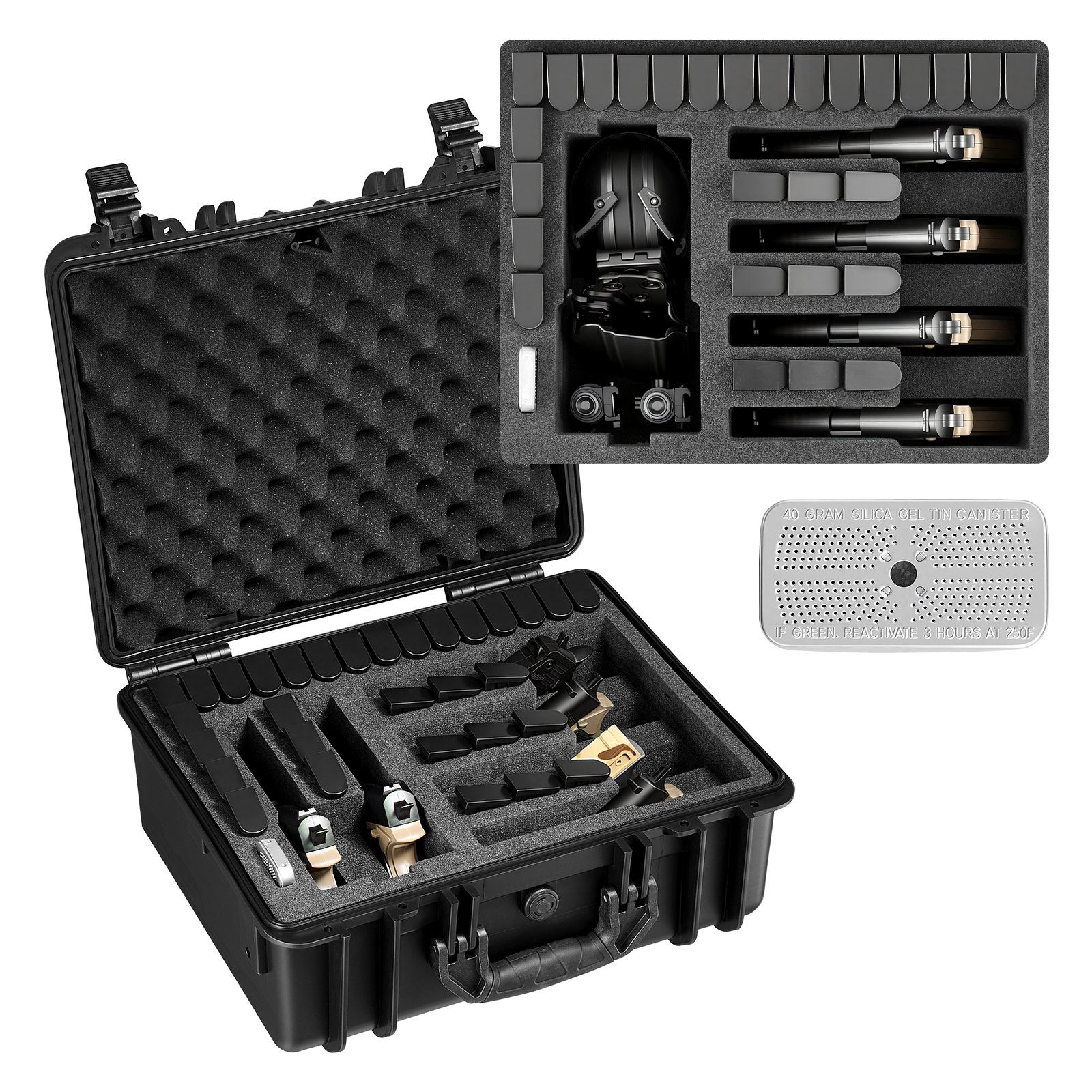 Walizka VEVOR Hard Case na 6 pistoletów, walizka na pistolet z wkładką z pianki XPE 475x415x215 mm, wodoodporna walizka na broń krótką z regulowanym wnętrzem i uchwytem do przenoszenia, do pistoletów, obiektywów, aparatów