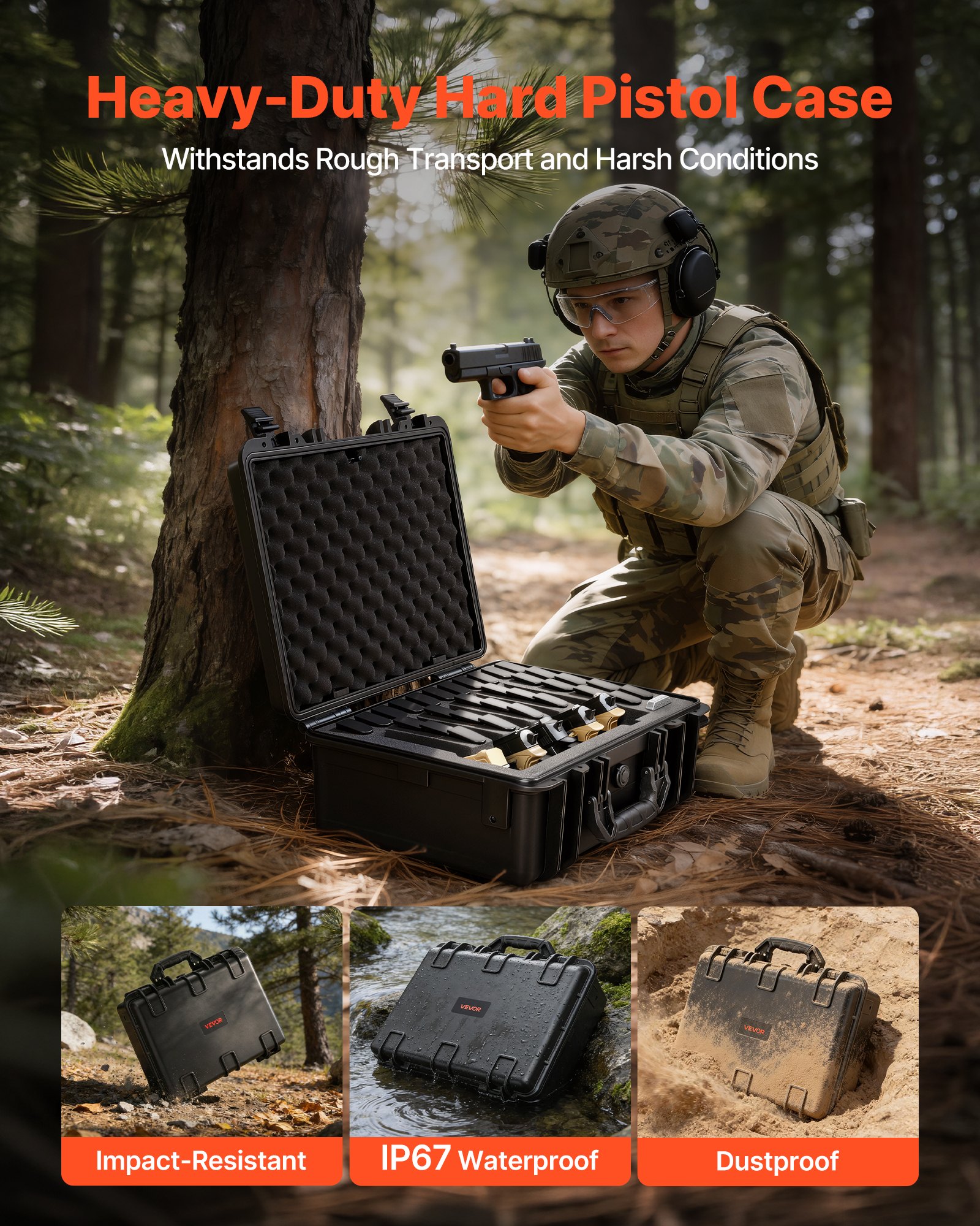 VEVOR Hard Pistol Case, Heavy Duty Hard Gun Case with XPE Foam Lining, Waterproof Pistol Storage Box with Customizable Interior & Handle for Gun, Lenses, Camera, Gear, TSA Compliant, 475x415x215 mm