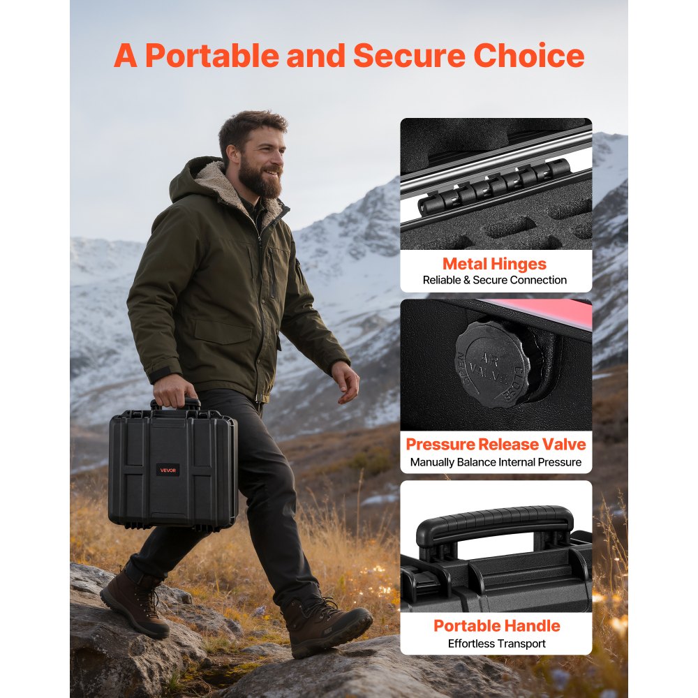 VEVOR Hard Pistol Case, Heavy Duty Hard Gun Case with XPE Foam Lining, Waterproof Pistol Storage Box with Customizable Interior & Handle for Gun, Lenses, Camera, Gear, TSA Compliant, 491x434x211 mm