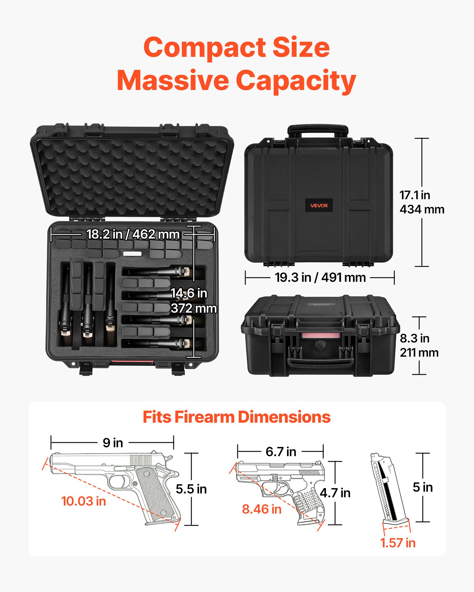 VEVOR Hard Pistol Case, Heavy Duty Hard Gun Case with XPE Foam Lining, Waterproof Pistol Storage Box with Customizable Interior & Handle for Gun, Lenses, Camera, Gear, TSA Compliant, 491x434x211 mm