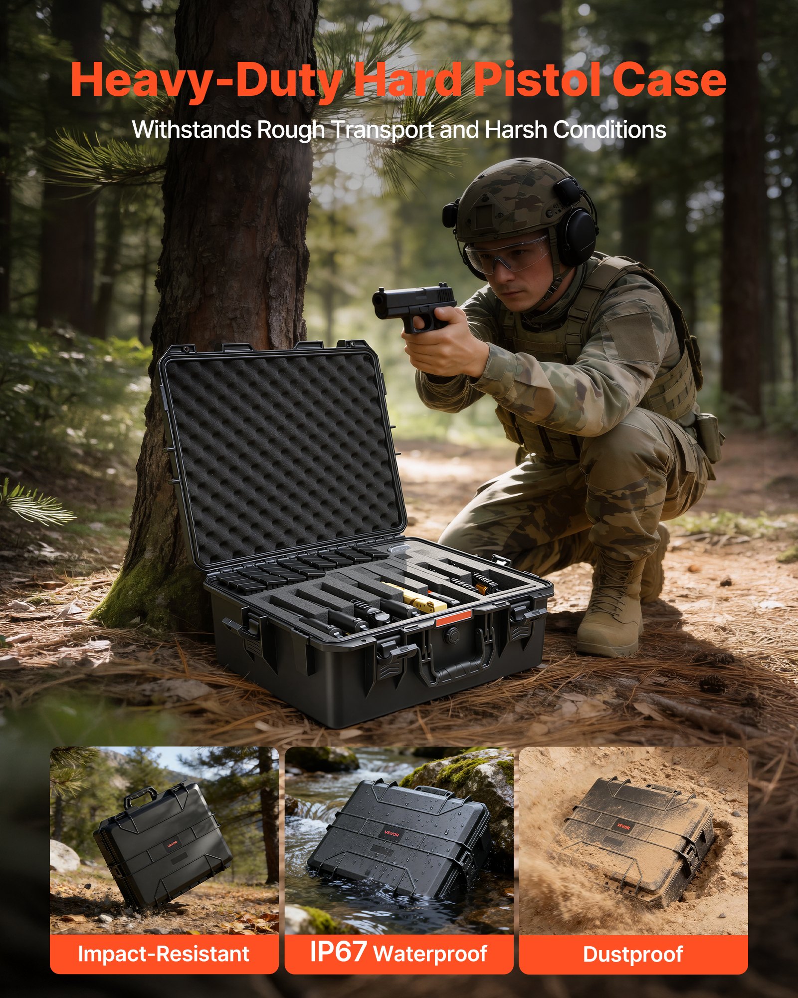 Walizka VEVOR Hard Case na 8 pistoletów, walizka na pistolet z wkładką z pianki XPE 556x455x225 mm, wodoodporna walizka na broń krótką z regulowanym wnętrzem i uchwytem do przenoszenia, do pistoletów, obiektywów, aparatów