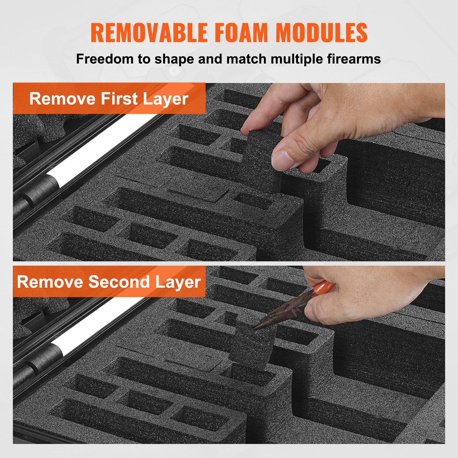 VEVOR Twardy futerał na pistolet z wyciętą podszewką, wodoodporny i pyłoszczelny, twardy futerał na 5 pistoletów, 18,9 × 16,3 × 8,5 cala, zamykany na klucz, czarny