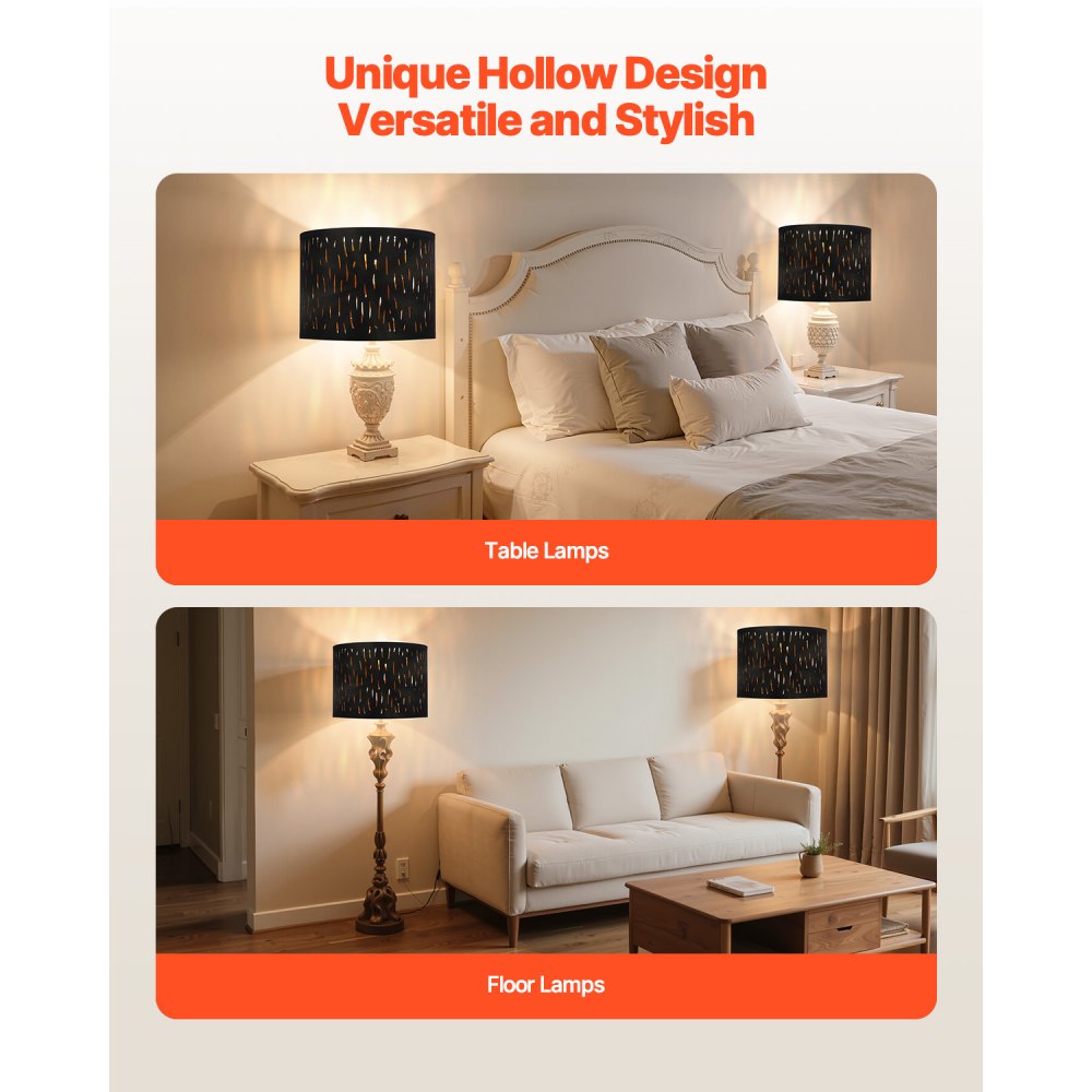 Abażur bębnowy VEVOR 33x33x25 cm (góra x dół x wysokość), 2 średnie wymienne abażury z tkaniny TC + PET, abażur z harfą do lamp stołowych i podłogowych (czarny, pusty, rzeźbiony wzór)