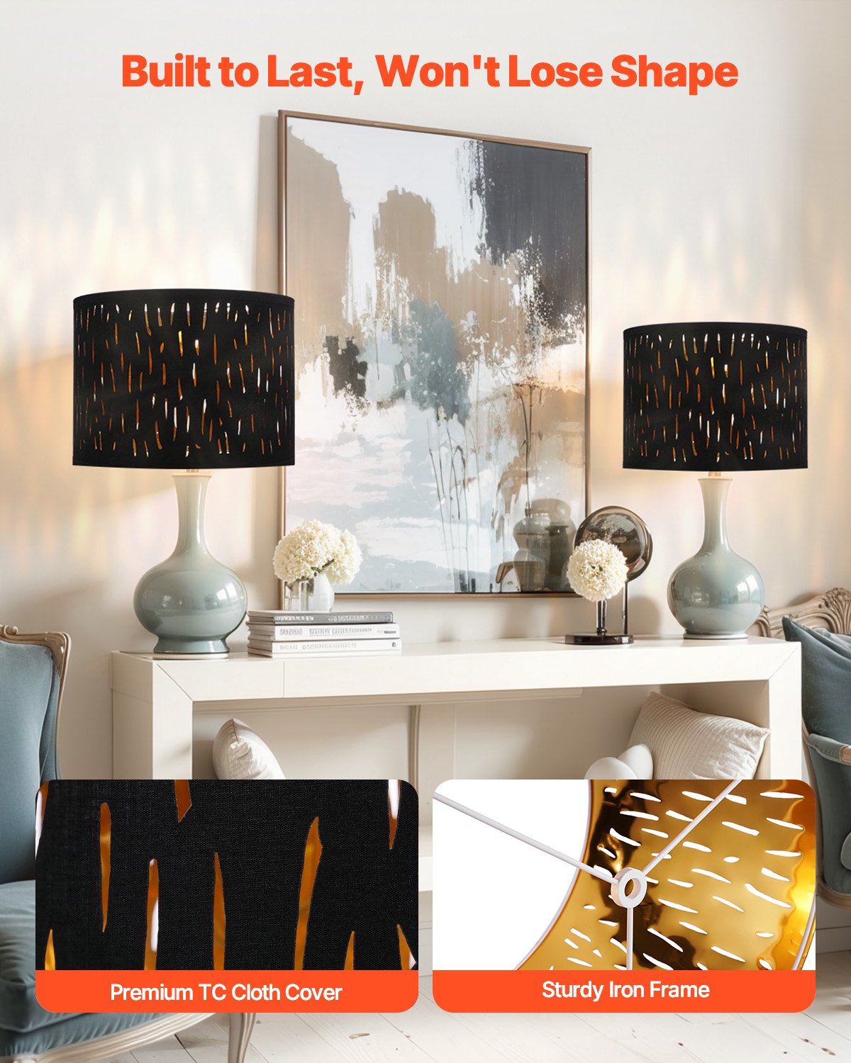 VEVOR Drum Lampshade 33x33x25 cm (top x bottom x height), 2 medium-sized replacement shades made of TC fabric + PET, lampshade with harp for table lamps and floor lamps (black, hollow-carved design)