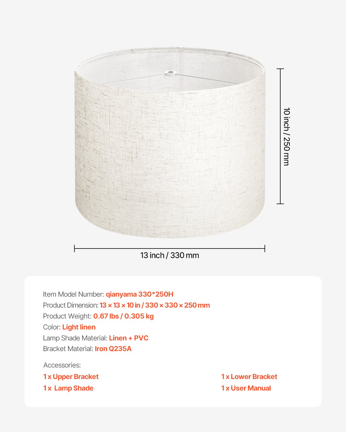 Abażur VEVOR bęben 33 x 33 x 25 cm (góra x dół x wysokość), 1 szt. Średni abażur wymienny wykonany z lnu i PVC, abażur do lamp stołowych, podłogowych i wiszących (jasny len)