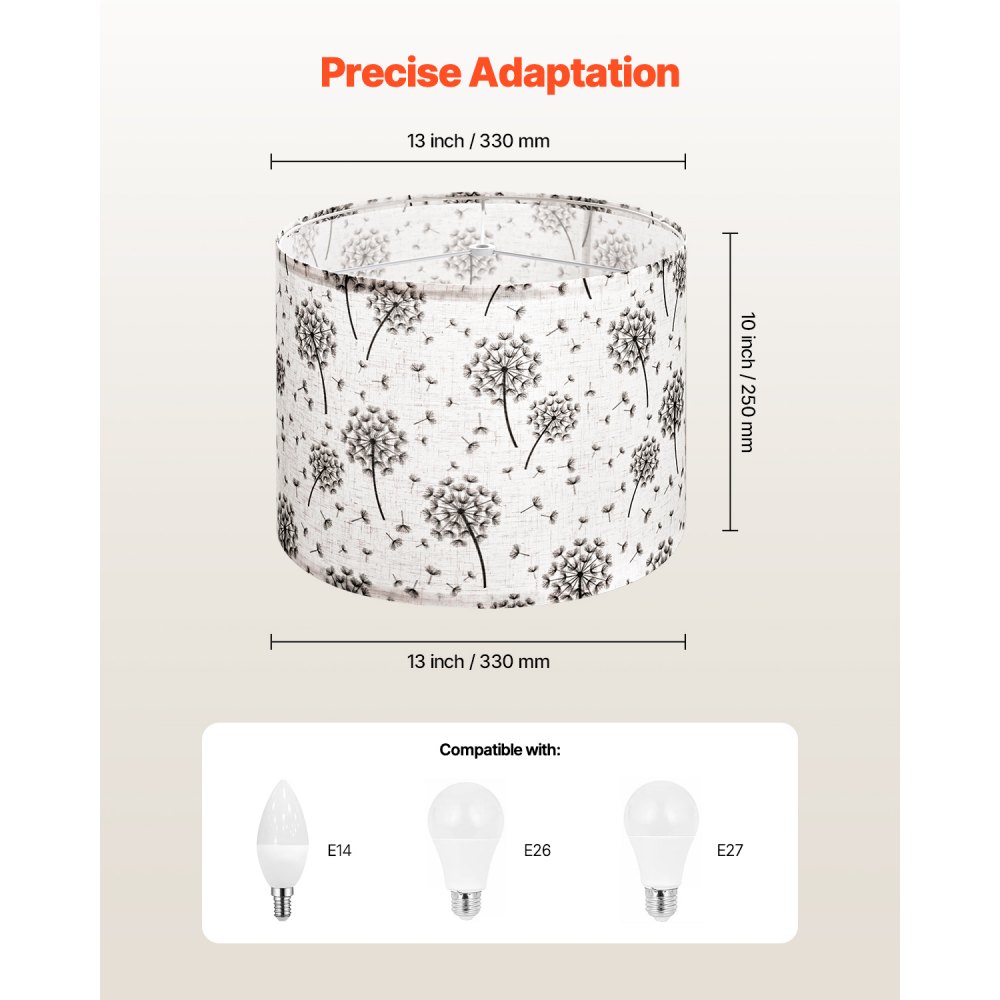 Abażur bębnowy VEVOR 33 x 33 x 25 cm (góra x dół x wysokość), 2 szt. średnich wymiennych abażurów z lnu i PVC, abażur do lamp stołowych, podłogowych i wiszących (wzór mniszka lekarskiego)