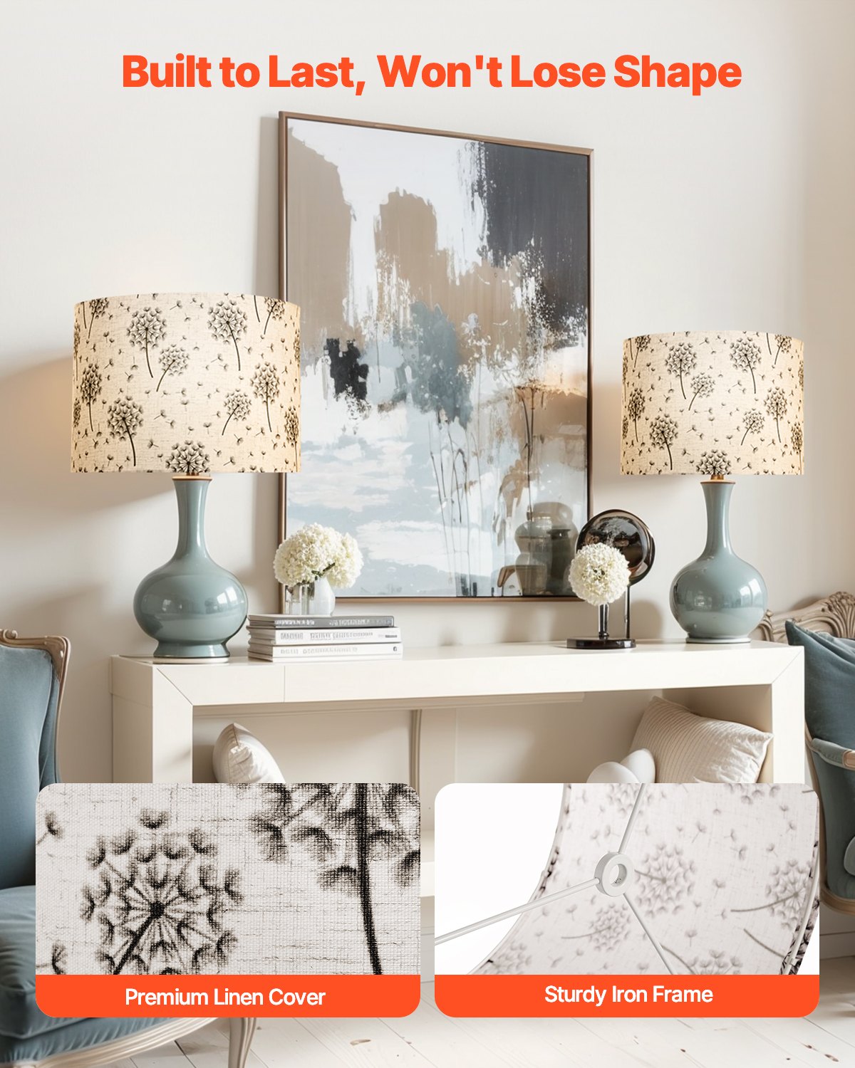 Abażur bębnowy VEVOR 33 x 33 x 25 cm (góra x dół x wysokość), 2 szt. średnich wymiennych abażurów z lnu i PVC, abażur do lamp stołowych, podłogowych i wiszących (wzór mniszka lekarskiego)