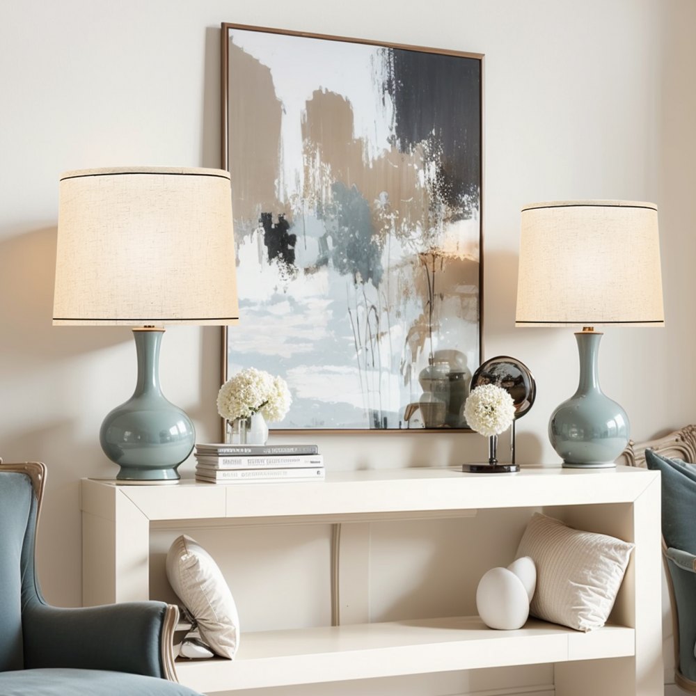 Abażur VEVOR bęben 290 x 320 x 245 mm (góra x dół x wysokość), 2 wymienne abażury lniane + abażur z PVC z harfą do lamp stołowych i wiszących (jasny len z czarną obwódką)