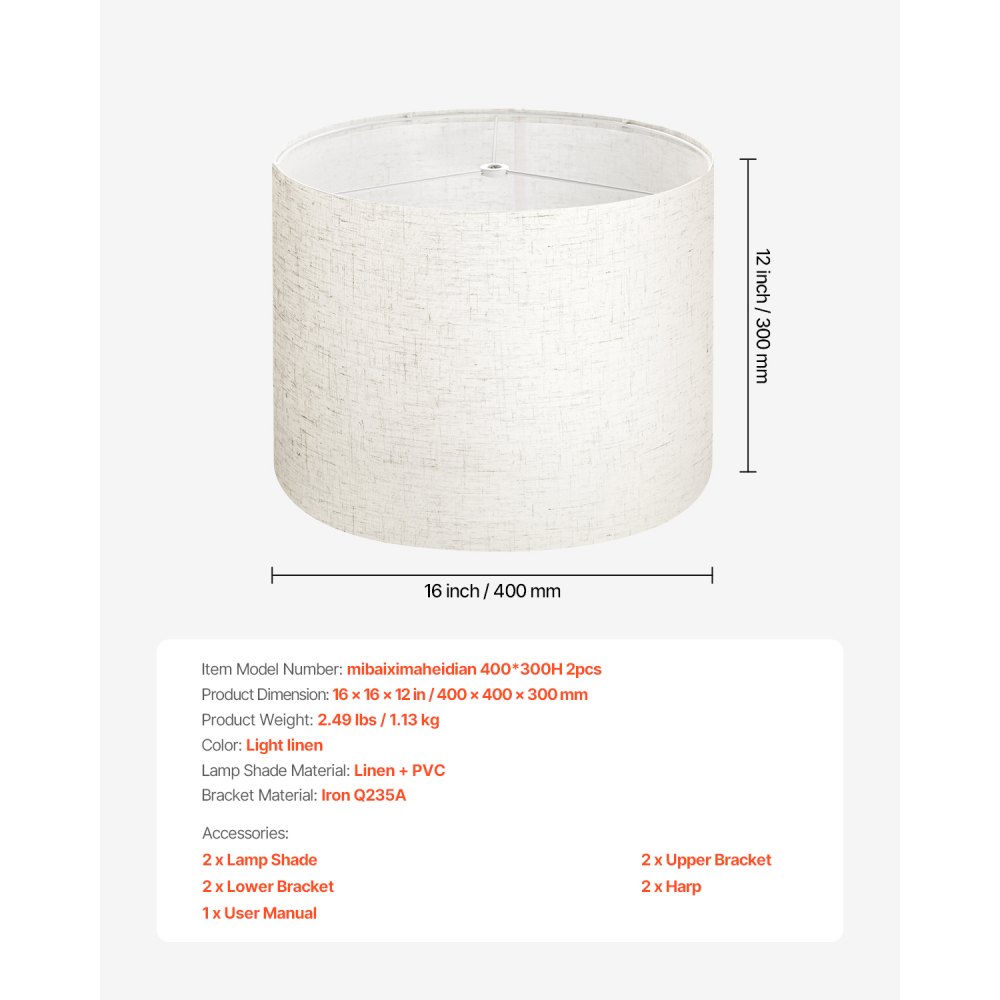 Abażur bębnowy VEVOR 40 x 40 x 30 cm (góra x dół x wysokość), 2 szt. len + wymienne abażury z tworzywa PVC, abażur z harfą do lamp stołowych, podłogowych, wiszących (jasny len)