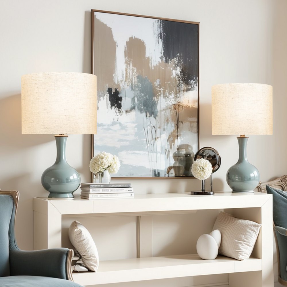 Abażur bębnowy VEVOR 40 x 40 x 30 cm (góra x dół x wysokość), 2 szt. len + wymienne abażury z tworzywa PVC, abażur z harfą do lamp stołowych, podłogowych, wiszących (jasny len)